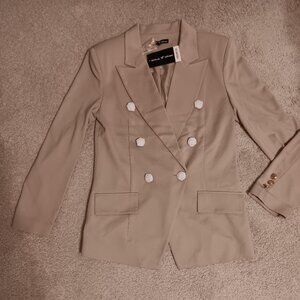 Attitude Unknown; Women's Ponte Beige Blazer;  Embossed, metallic gold buttons
